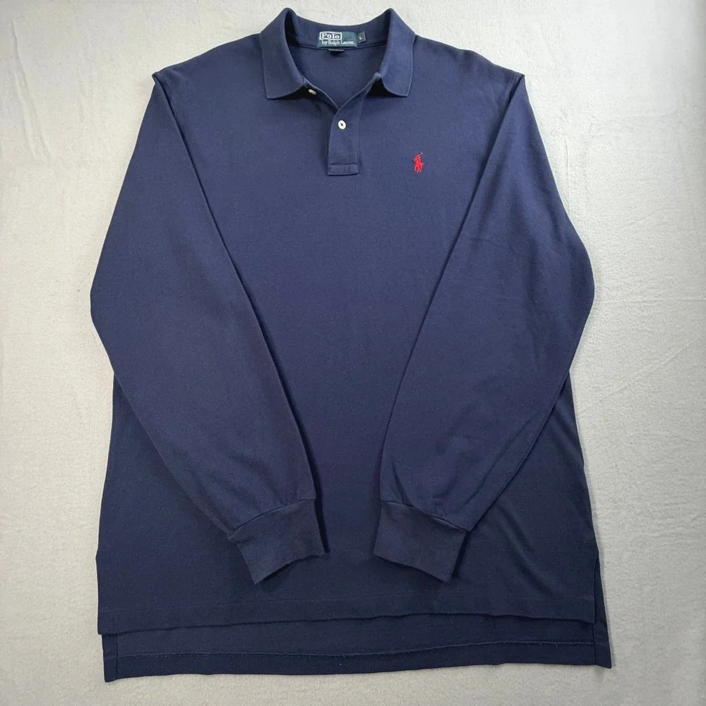 Polo Ralph Lauren Men's Navy Blue Polo Shirt Sz L Long Sleeve Pique Cotton